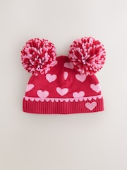 Red/Pink Heart Knitted - Double Pom Baby Beanie - 圖片 3，共 5