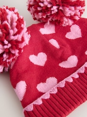 Red/Pink Heart Knitted - Double Pom Baby Beanie - 圖片 5，共 5