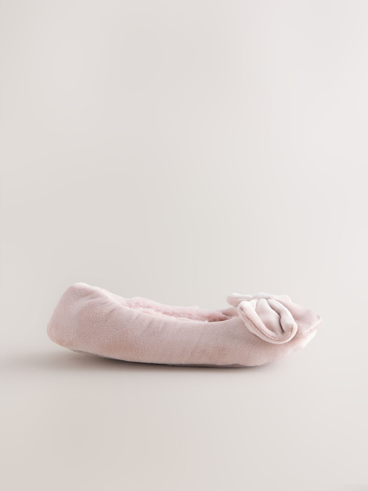 Pink Standard Fit (F) Velour Ballet Bow Slippers - Image 2 of 5