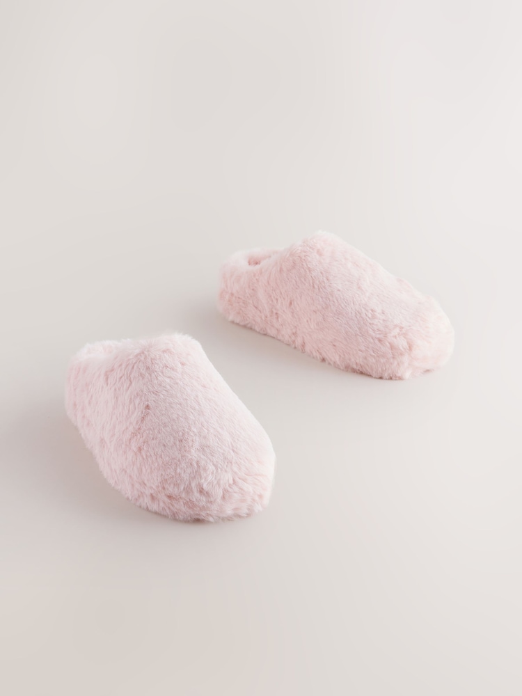 Pink Faux Fur Mule Slippers - Image 1 of 5 Pink Faux Fur Mule Slippers - Image 1 of 5