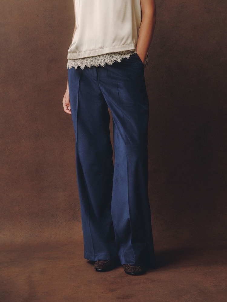 Laura Ashley Navy Velvet Wide Leg Trousers - Image 1 of 4 Laura Ashley Navy Velvet Wide Leg Trousers - Image 1 of 4