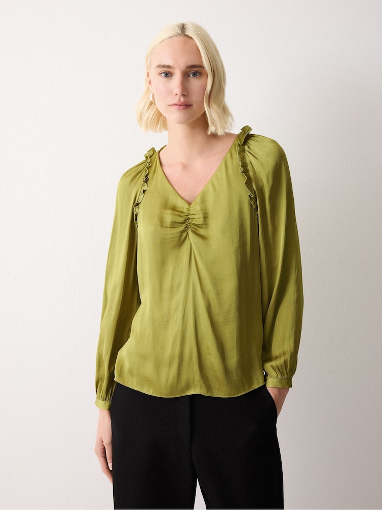 Jigsaw Green Satin Frill Top - Image 1 of 5 Jigsaw Green Satin Frill Top - Image 1 of 5