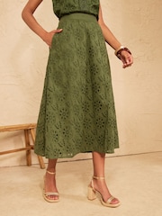 Love & Roses Khaki Green Broderie Midi Skirt - Image 1 of 4
