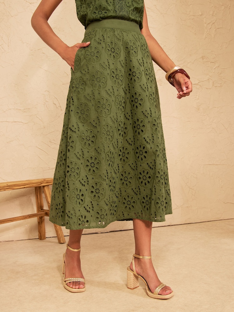 Love & Roses Khaki Green Broderie Midi Skirt - Image 1 of 4