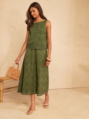 Love & Roses Khaki Green Broderie Midi Skirt - Image 3 of 4