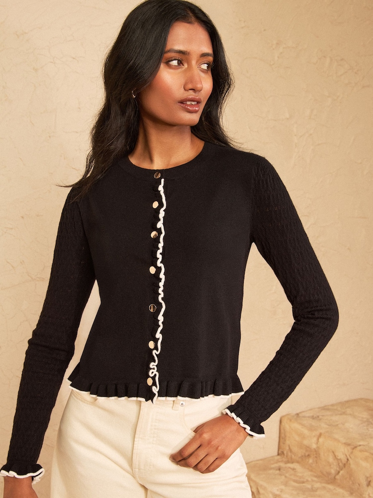 Love & Roses Black Frill Detail Crew Neck Knitted Cardigan - Image 1 of 5