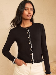 Love & Roses Black Frill Detail Crew Neck Knitted Cardigan - Image 4 of 5