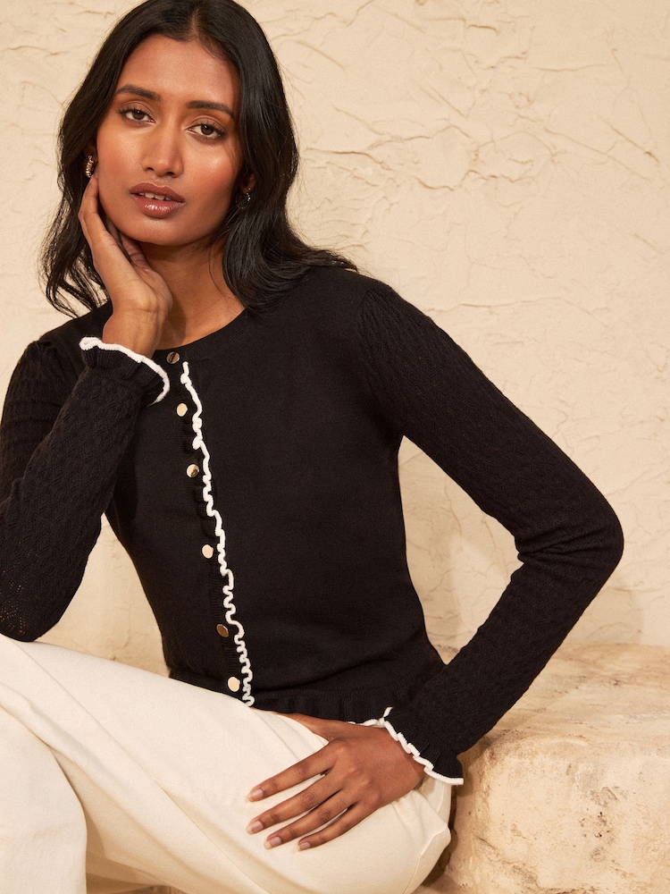 Love & Roses Black Frill Detail Crew Neck Knitted Cardigan - Image 5 of 5