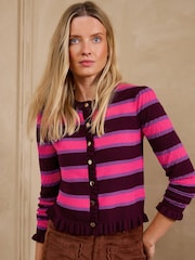 Love & Roses Pink and Purple Striped Frill Detail Crew Neck Knitted Cardigan - Image 1 of 4
