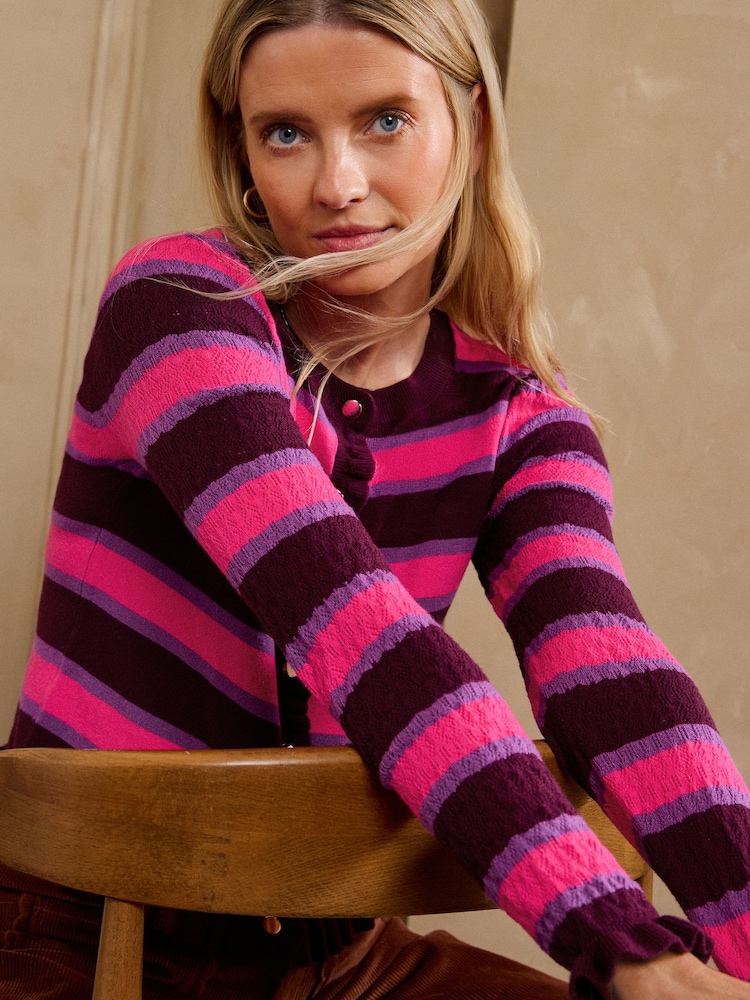 Love & Roses Pink and Purple Striped Frill Detail Crew Neck Knitted Cardigan - Image 4 of 4