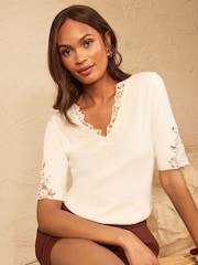 Love & Roses Ivory Lace Detail V-Neck Short Sleeve Knitted Top - Image 1 of 4