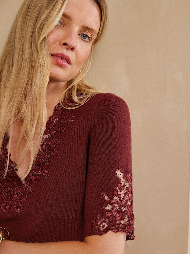 Love & Roses Burgundy Red Lace Detail V-Neck Short Sleeve Knitted Top - Image 2 of 4