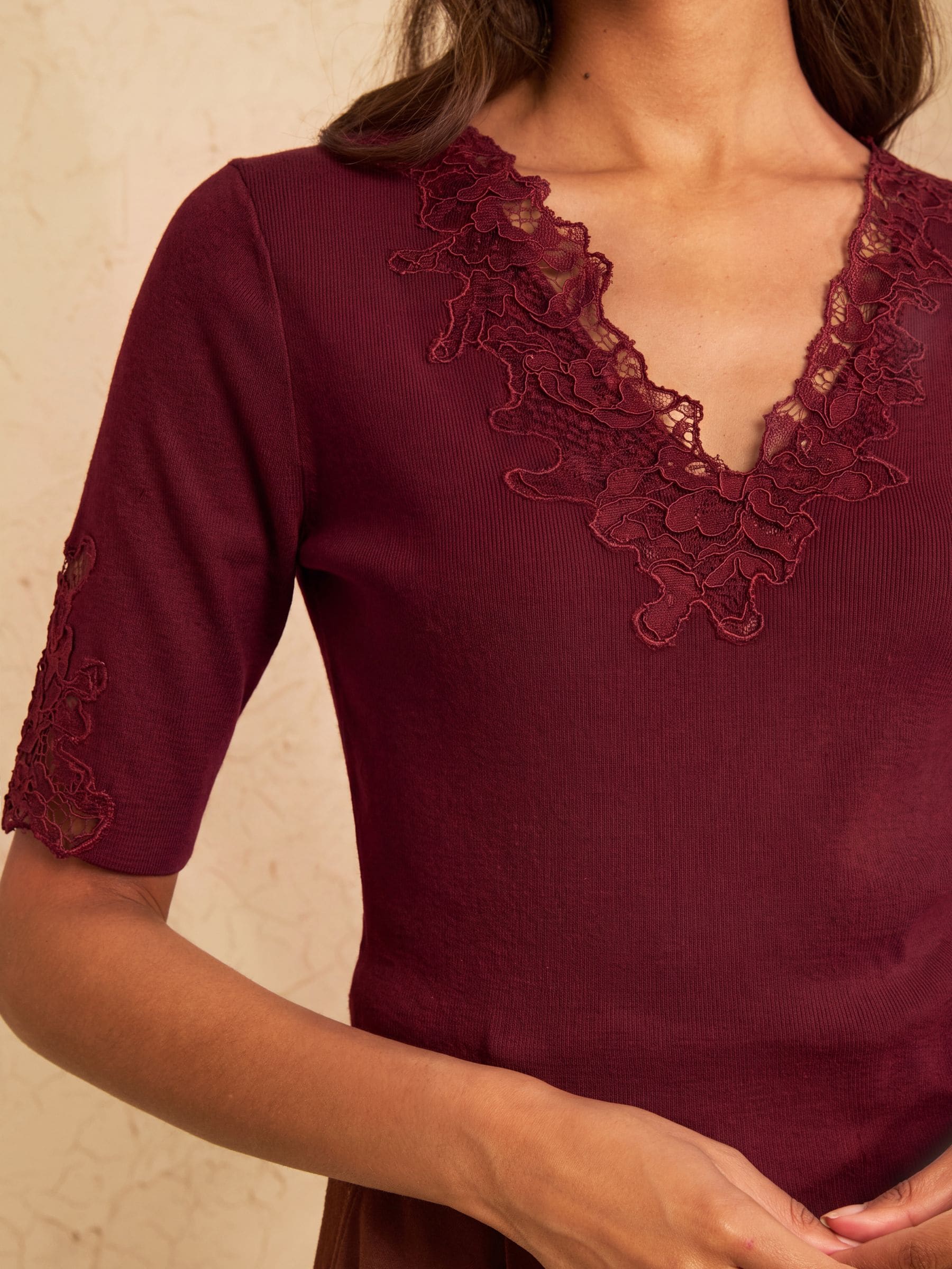 Buy Love & Roses Burgundy Red Lace Detail V-Neck Short Sleeve