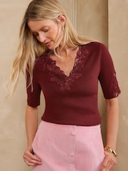 Love & Roses Burgundy Red Lace Detail V-Neck Short Sleeve Knitted Top - Image 4 of 4