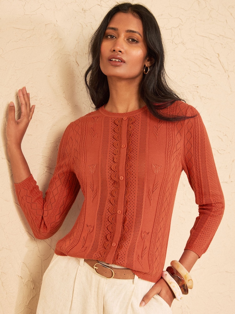 Love & Roses Rust Orange Crew Neck Scalloped Lace Detail 3/4 Sleeve Knitted Top - Image 1 of 4