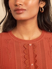 Love & Roses Rust Orange Crew Neck Scalloped Lace Detail 3/4 Sleeve Knitted Top - Image 2 of 4