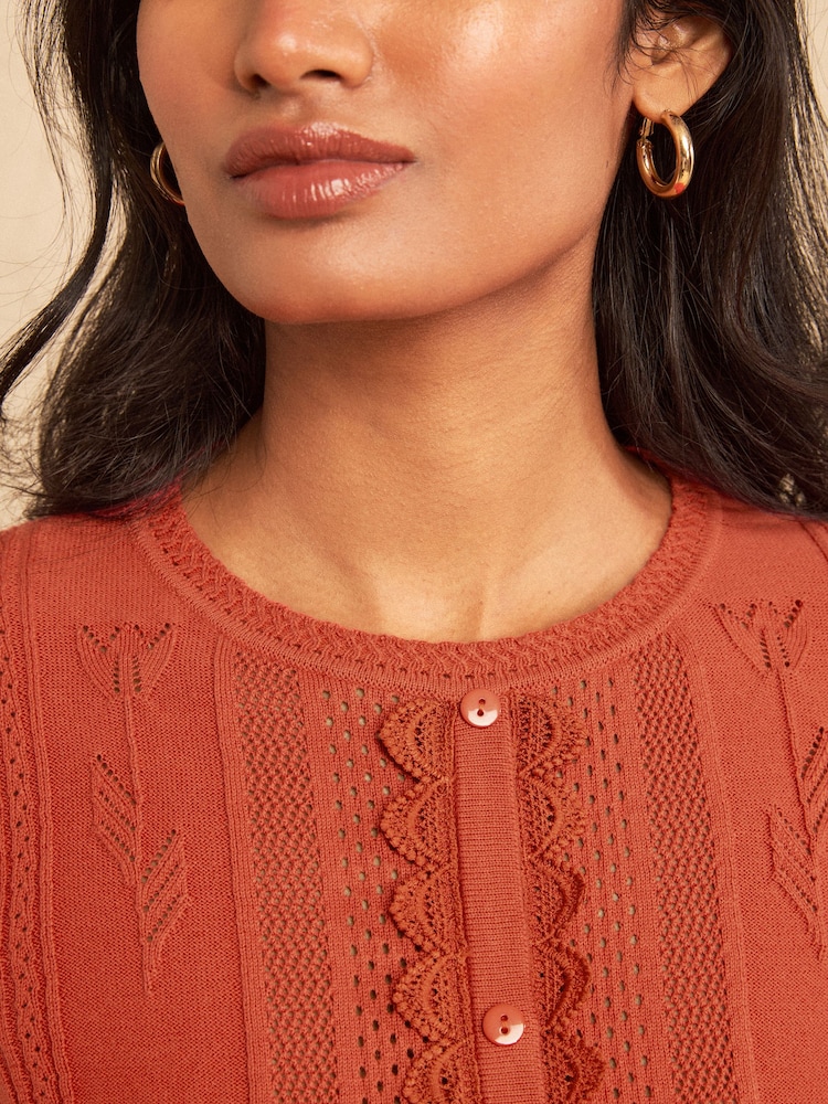 Love & Roses Rust Orange Crew Neck Scalloped Lace Detail 3/4 Sleeve Knitted Top - Image 2 of 4