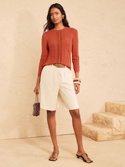 Love & Roses Rust Orange Crew Neck Scalloped Lace Detail 3/4 Sleeve Knitted Top - Image 3 of 4