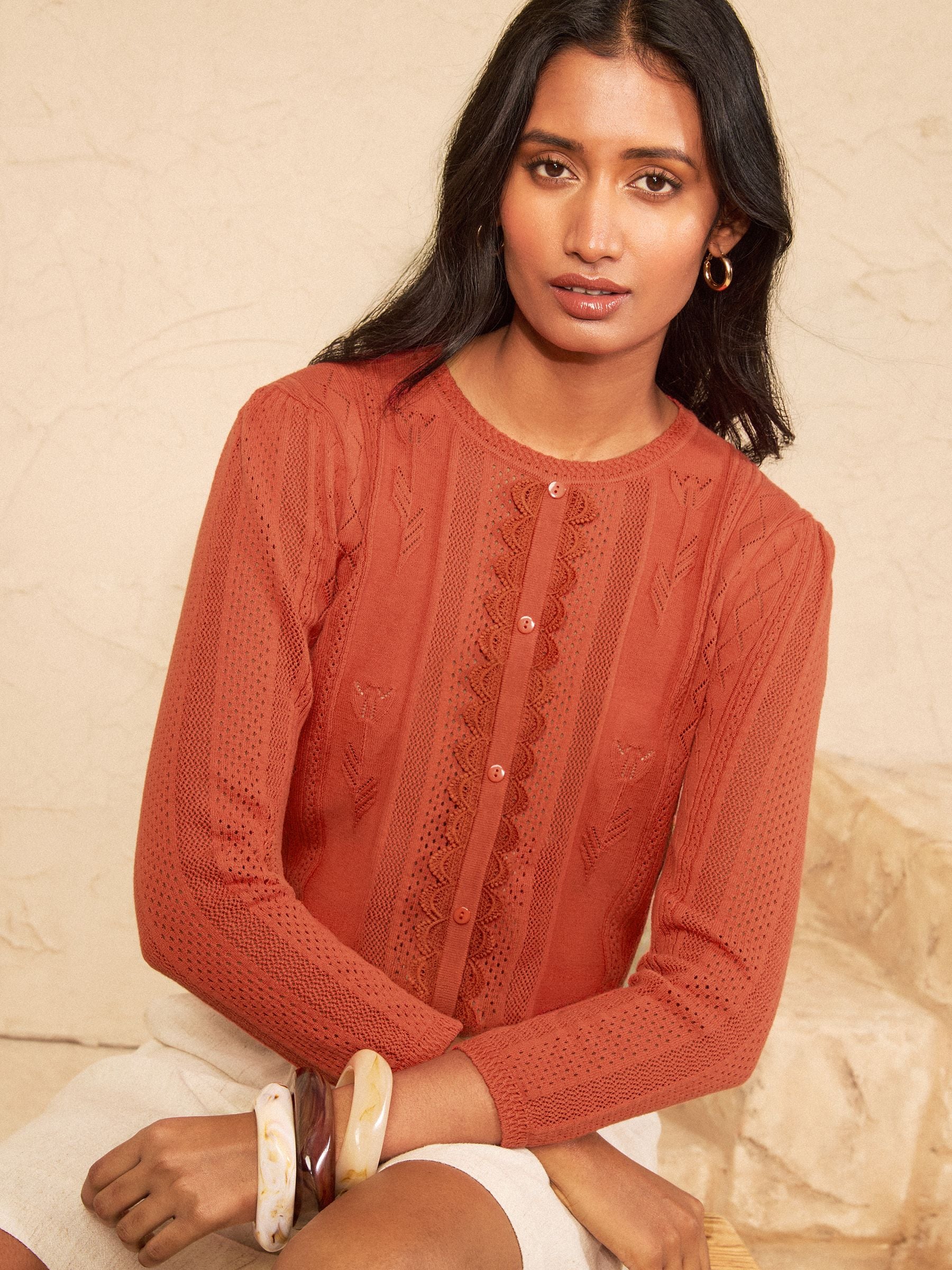 Buy Love & Roses Rust Orange Crew Neck Scalloped Lace Detail 3/4