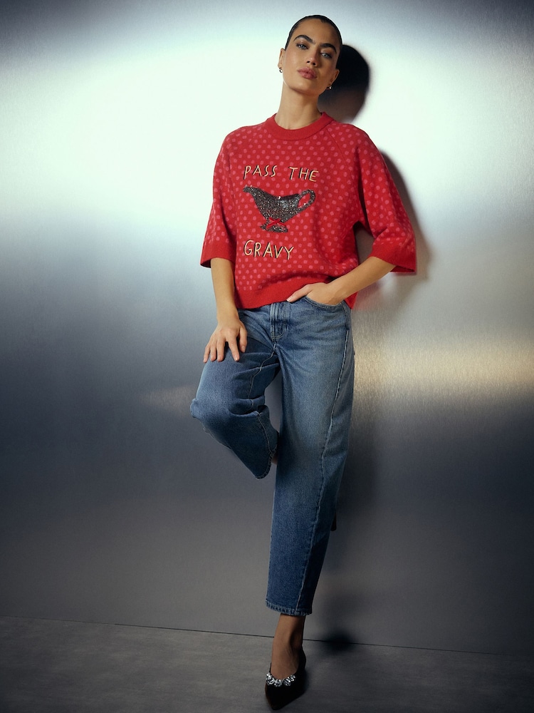 Red Sequin Gravy Long Sleeve Christmas Jumper - Image 2 of 7 Red Sequin Gravy Long Sleeve Christmas Jumper - Image 2 of 7