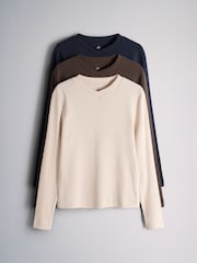 The Set High V-Neck Long Sleeve T-Shirts 3 Pack Navy Blue/Cream/Brown - Image 1 of 6