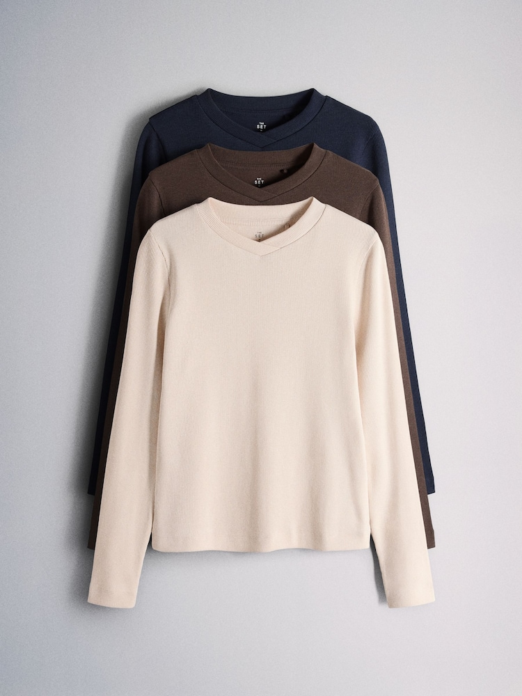 The Set High V-Neck Long Sleeve T-Shirts 3 Pack Navy Blue/Cream/Brown - Image 1 of 6