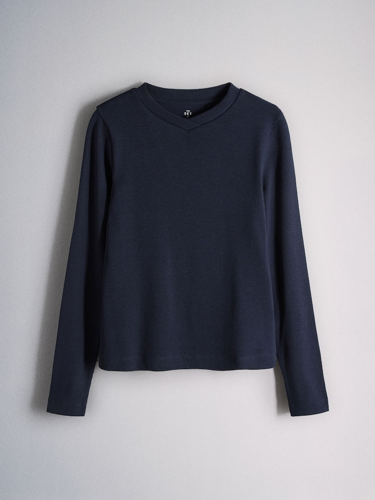 The Set High V-Neck Long Sleeve T-Shirts 3 Pack Navy Blue/Cream/Brown - Image 2 of 6