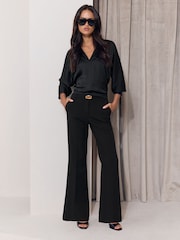 Black Ecru Trimmed Flare Trousers - Image 1 of 6