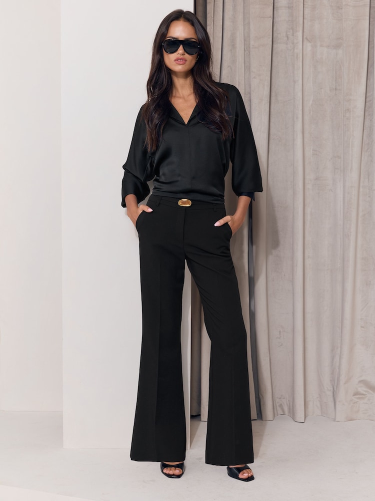 Black Ecru Trimmed Flare Trousers - Image 1 of 6