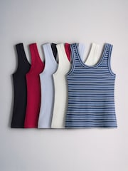 The Set 5 Pack Scoop Ribbed Strappy Vests Navy Blue/Blue/Stripe/Red/White - Image 1 of 8