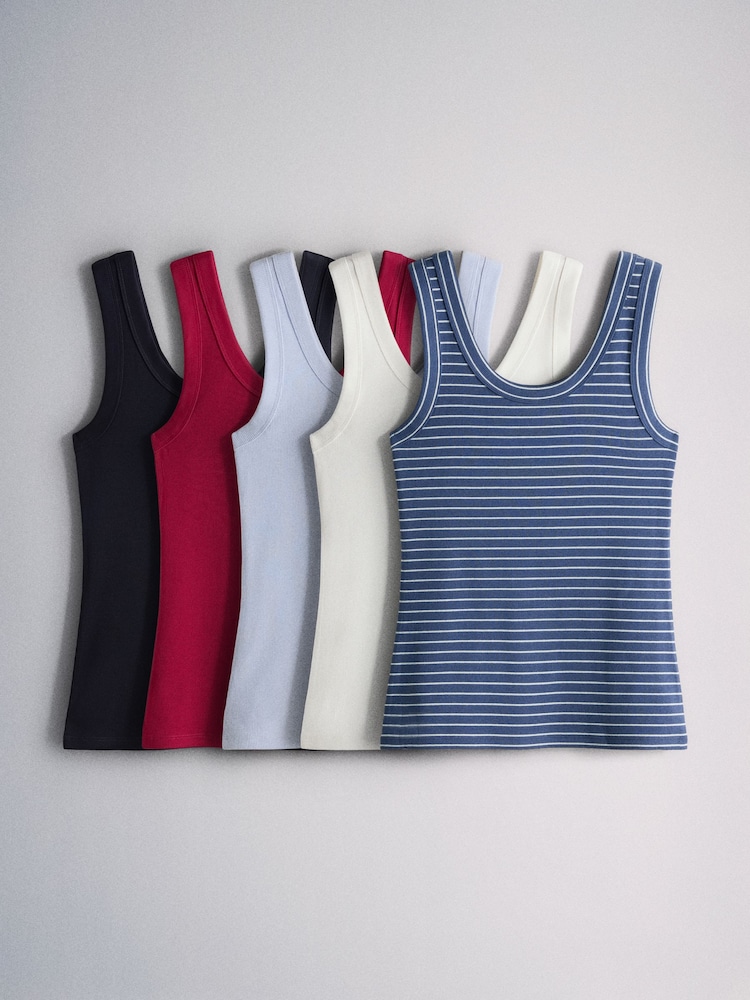 The Set 5 Pack Scoop Ribbed Strappy Vests Navy Blue/Blue/Stripe/Red/White - Image 1 of 8