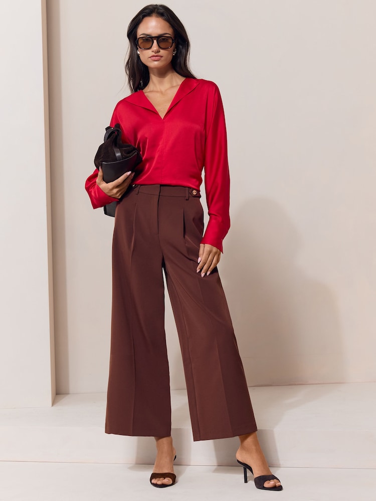 Lipsy Chocolate Brown Culotte Tab Waist Trousers - Image 1 of 5