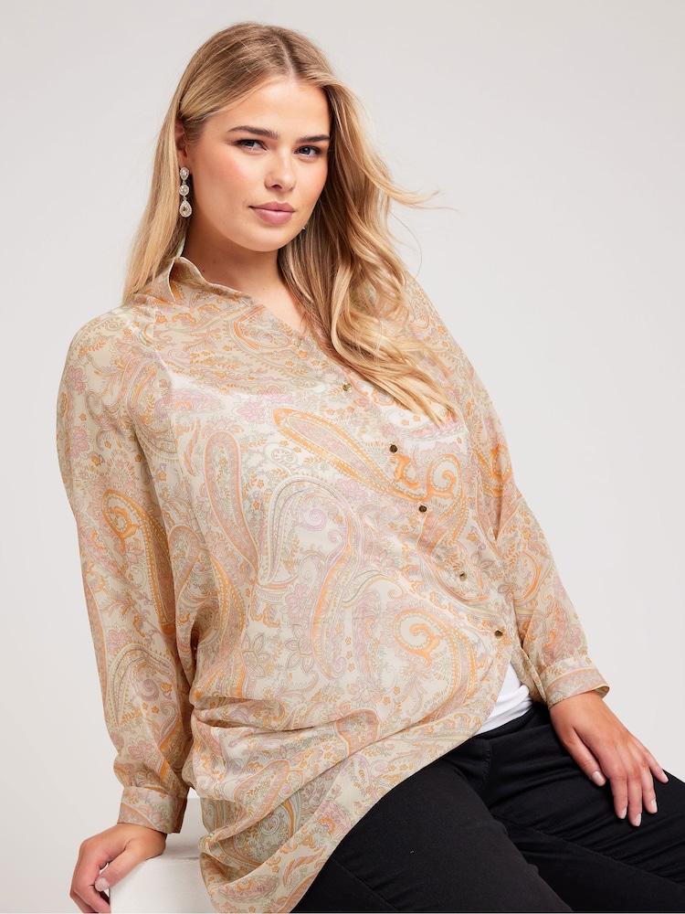 Yours Curve Pink London Paisley Print Longline Shirt - Image 1 of 4