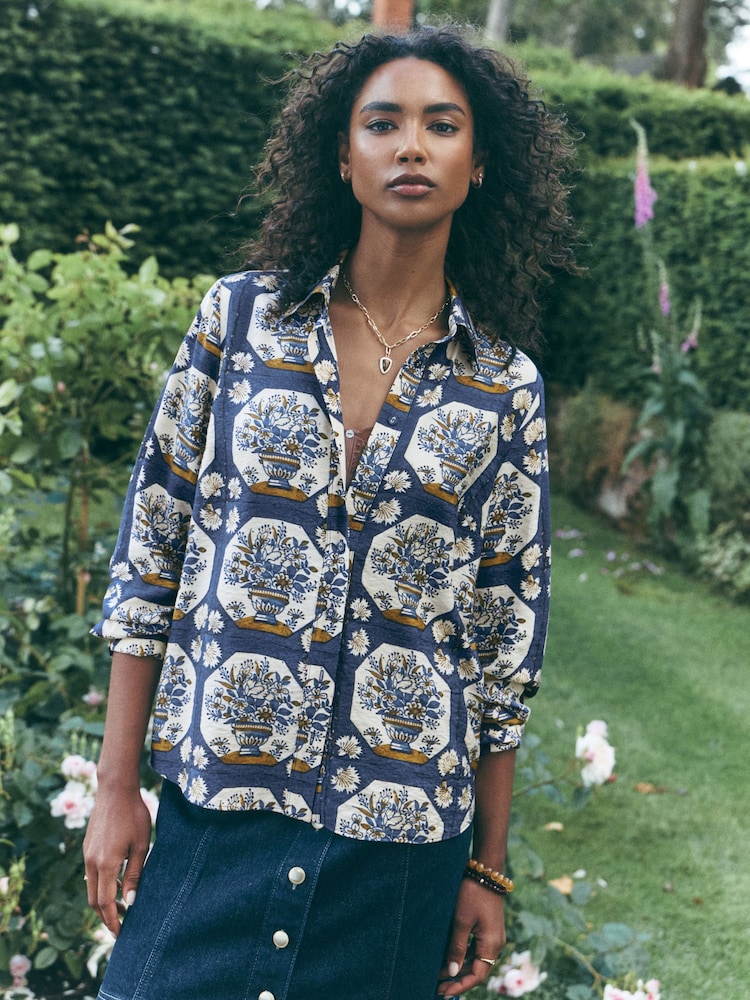 Blue Floral National Trust X Next Vase Print Long Sleeve Shirt - Image 1 of 9 Blue Floral National Trust X Next Vase Print Long Sleeve Shirt - Image 1 of 9