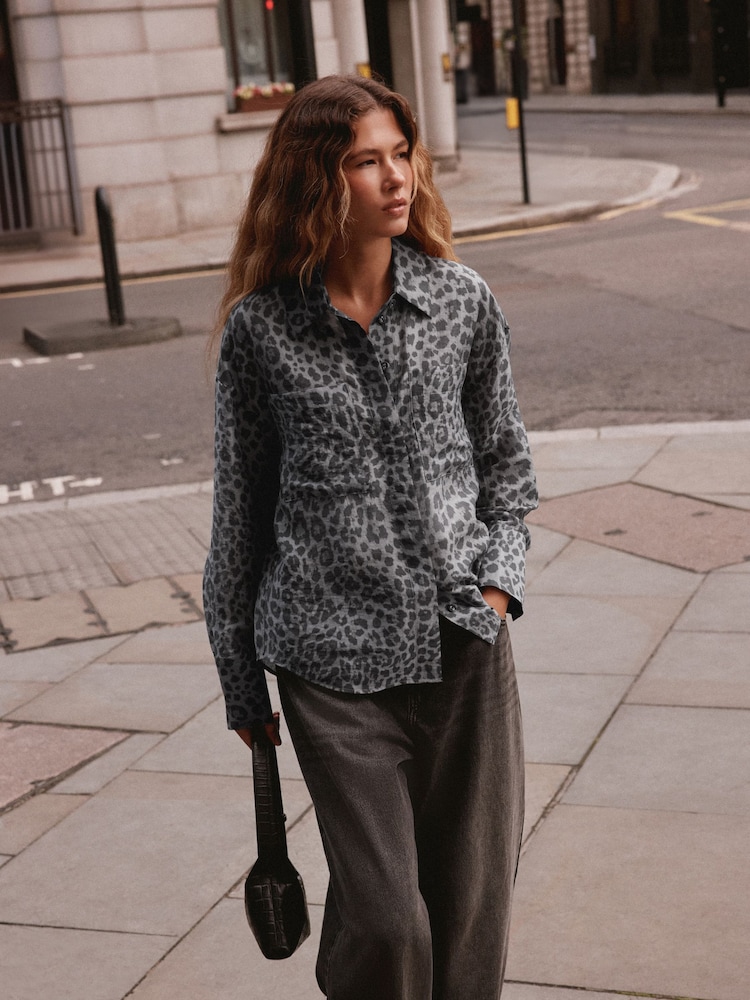 Grey Animal Print Lightweight Utility Shirt - Image 1 of 8 Grey Animal Print Lightweight Utility Shirt - Image 1 of 8