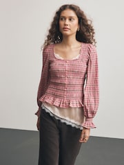 Pink Check Square Neck Smocked Long Sleeve Top - Image 1 of 6