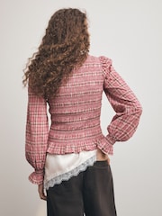 Pink Check Square Neck Smocked Long Sleeve Top - Image 2 of 6
