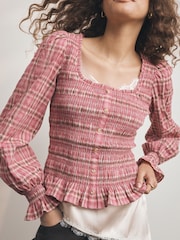 Pink Check Square Neck Smocked Long Sleeve Top - Image 3 of 6