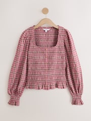 Pink Check Square Neck Smocked Long Sleeve Top - Image 4 of 6