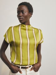 Olive Green Stripe Satin Short Sleeve Top - Image 1 of 4
