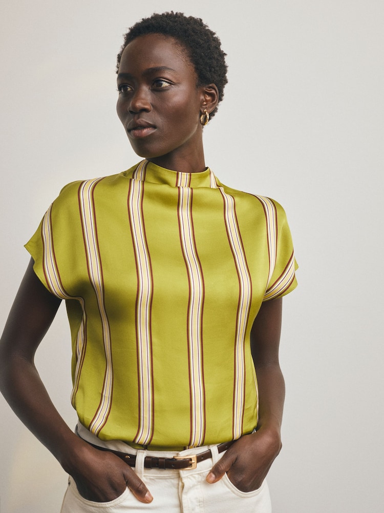 Olive Green Stripe Satin Short Sleeve Top - Image 1 of 4