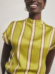 Olive Green Stripe Satin Short Sleeve Top - Image 2 of 4