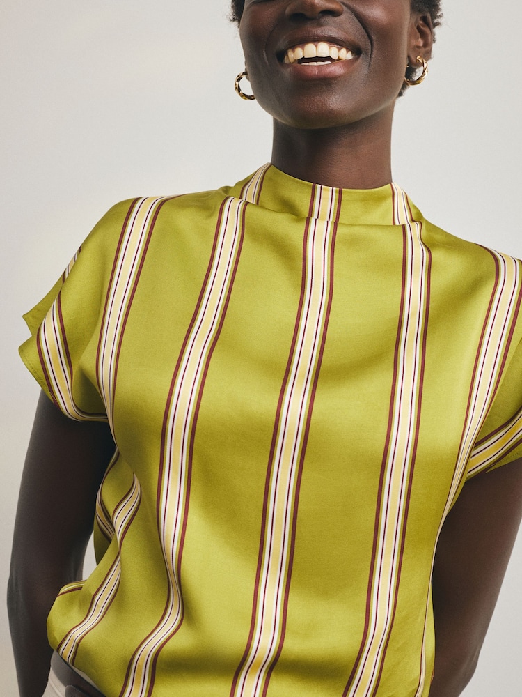 Olive Green Stripe Satin Short Sleeve Top - Image 2 of 4