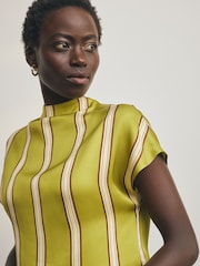 Olive Green Stripe Satin Short Sleeve Top - Image 3 of 4