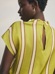 Olive Green Stripe Satin Short Sleeve Top - Image 4 of 4