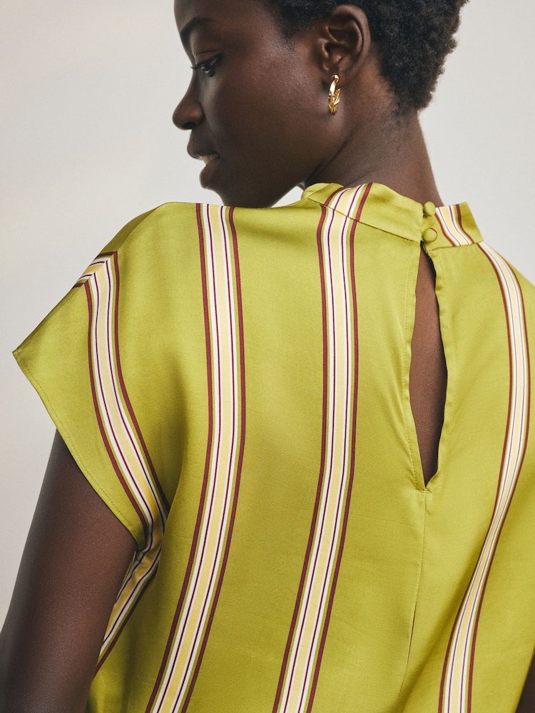 Olive Green Stripe Satin Short Sleeve Top - Image 4 of 4