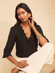 Love & Roses Black Scallop V-Neck Flute Sleeve Blouse - Image 1 of 4