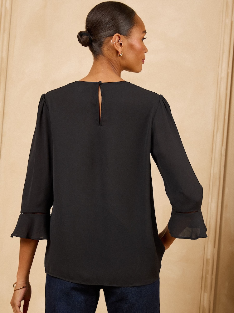 Love & Roses Black Scallop V-Neck Flute Sleeve Blouse - Image 5 of 5 Love & Roses Black Scallop V-Neck Flute Sleeve Blouse - Image 5 of 5