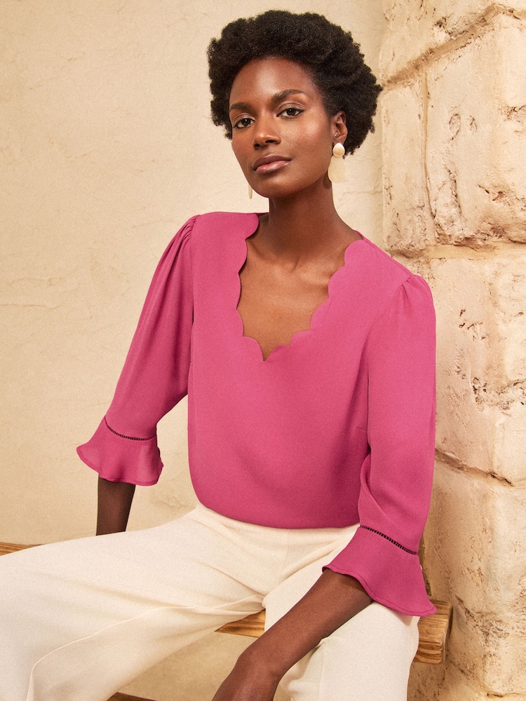 Love & Roses Pink Scallop V-Neck Flute Sleeve Blouse - Image 1 of 4