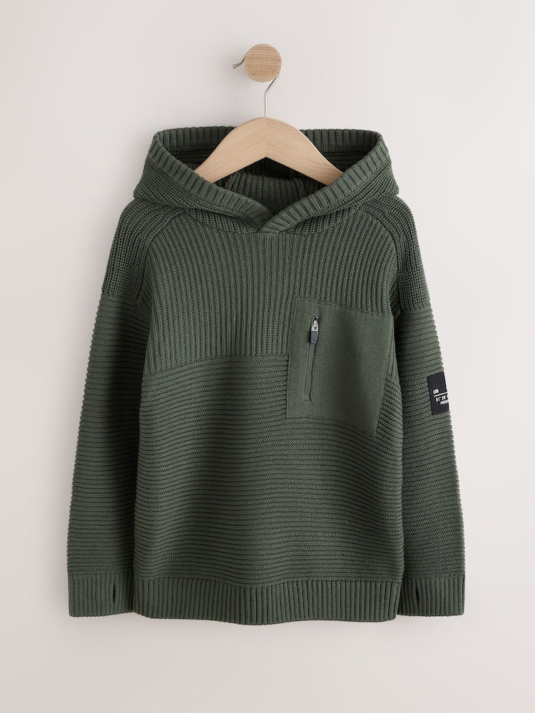 Green Utility Knitted Hoodie (3-16yrs) - Image 1 of 4 Green Utility Knitted Hoodie (3-16yrs) - Image 1 of 4